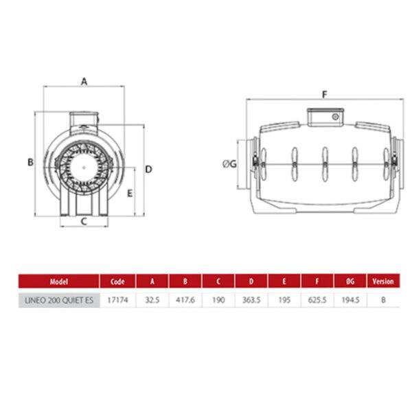 Vortice Lineo Quiet ES 200 Dimensions