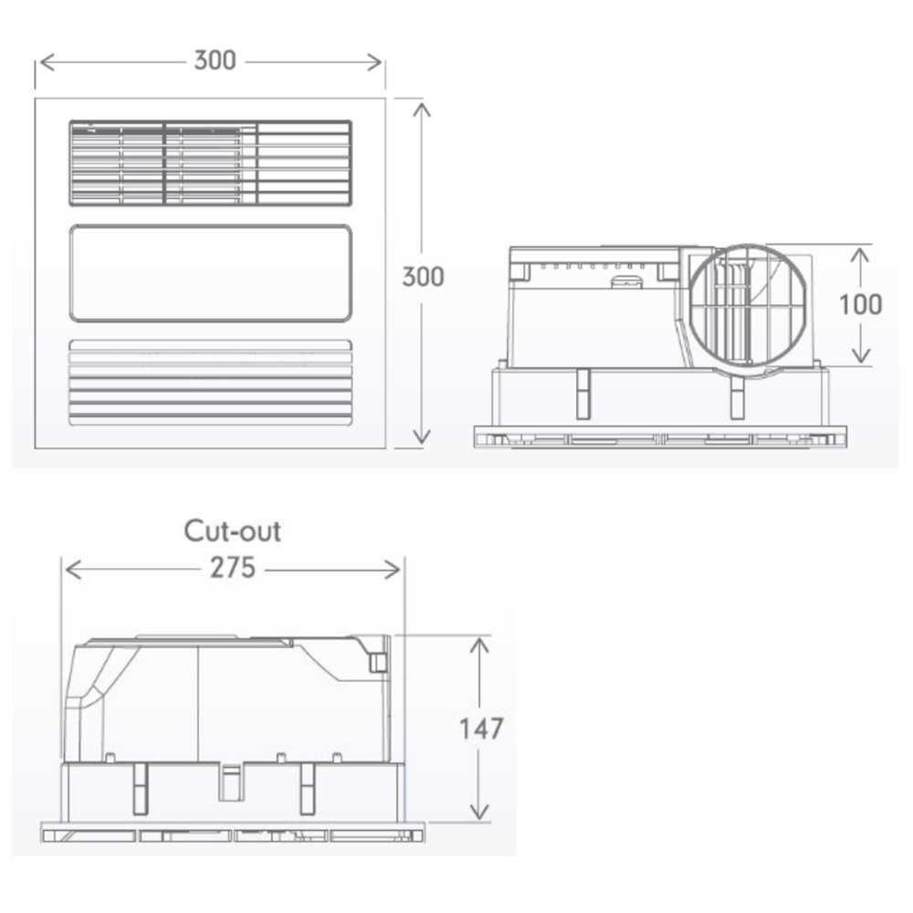 mercator mercury 3 in 1 exhaust fan - dimensions